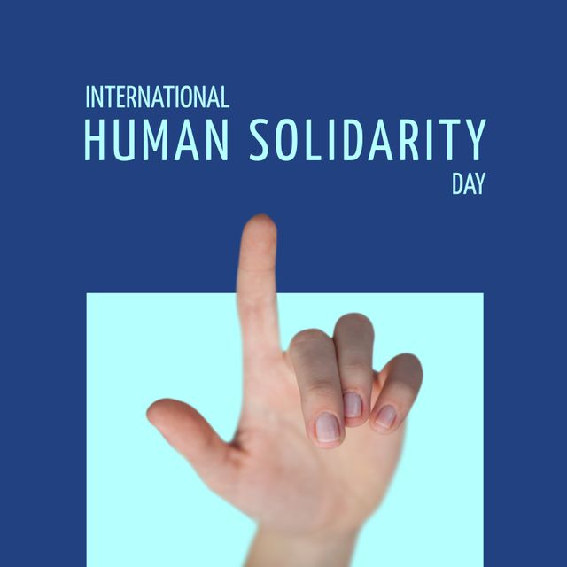 Composition of international human solidarity day text and hand with pointing finger. Human solidarity, helping and empathy concept.