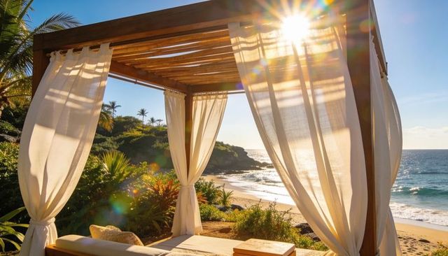 Sunlit tropical cabana with flowing white curtains and cushioned daybed overlooking ocean