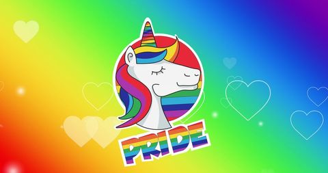 Colorful pride unicorn with rainbow heart background