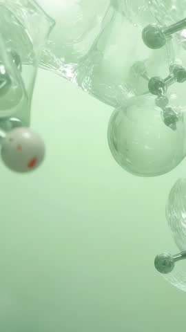 Drifting molecular clusters in green gradient showcasing glassy spheres and connecting rods