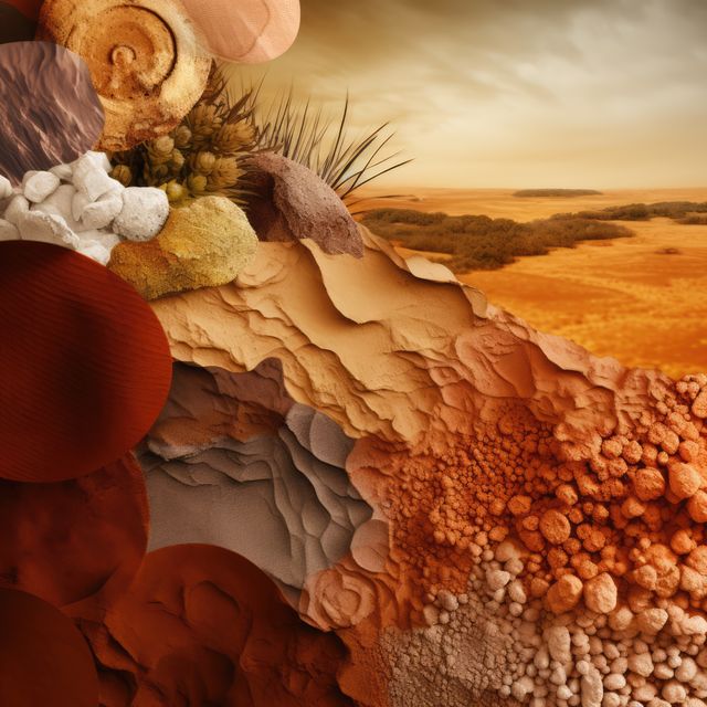 Abstract artwork featuring layers of textures in earth tones, representing a desert landscape with natural elements. Ideal for usage in modern art collections, interior décor, nature-themed projects, and creative design applications for brochures, websites, and presentations that emphasize artistic design and natural beauty.
