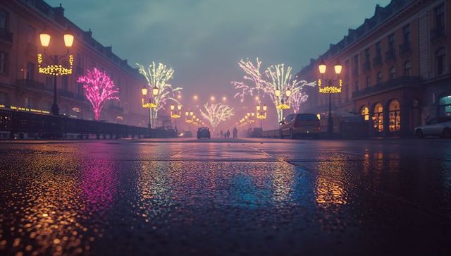 Festive trees illuminating wet urban boulevard at dusk