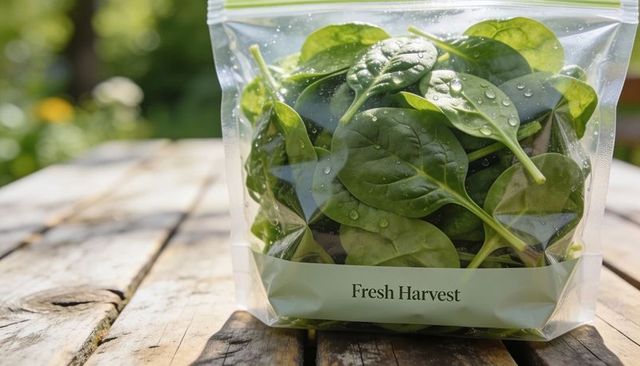 Resealable bag holding fresh spinach with dewdrops on sunlit wooden picnic table