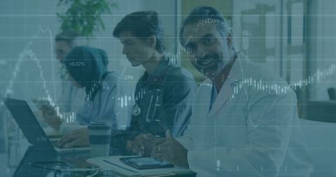 Healthcare team analyzing clinical data on tablet and laptops with market-style chart overlay