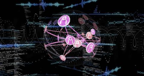 Rotating 3D Cyber Network Globe Showing Neon User Nodes, Data Streams, HUD and Security