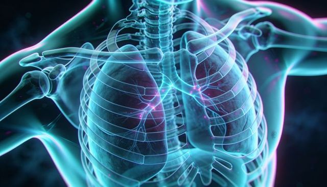 Holographic Translucent Torso Showing Lungs, Rib Cage, Bronchi Neon 3D Medical Visualization