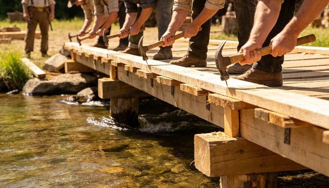 Carpenters hammering wooden bridge planks over clear river, rustic teamwork construction