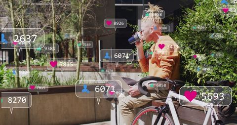 Albino Man Sipping Coffee Amid Digital Social Media Metrics Overlay