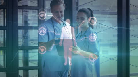 Healthcare Professionals Analyzing Futuristic Medical Data Hologram