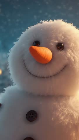 Pullback Revealing Smiling Snowman Torso in Snowy Forest Falling Snow Vertical Clip
