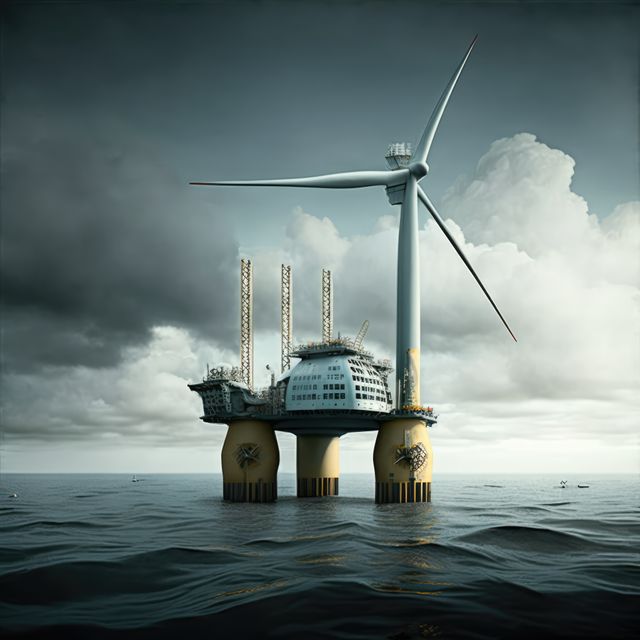 Offshore Wind Turbine and Oil Rig in Open Ocean - Download Free Stock Images Pikwizard.com