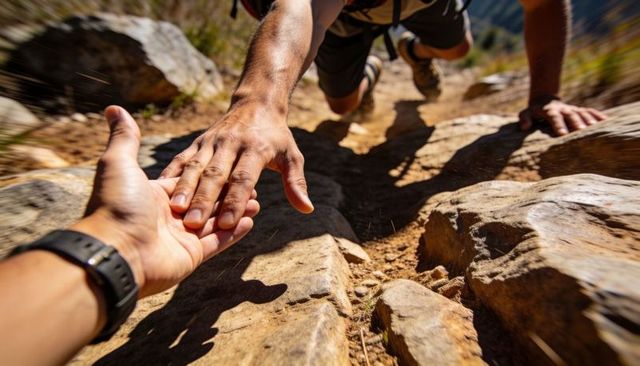 Helping hand pulling climber up steep rocky trail, teamwork and trust on mountain ascent