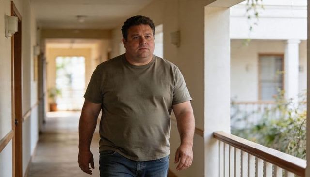 Middle-aged man walking down covered corridor in green t-shirt and jeans, balcony view