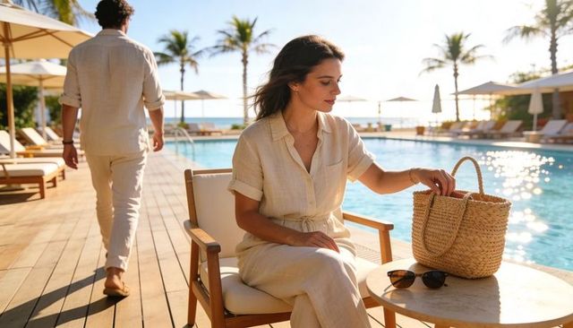 Woman reaching into straw tote on sunlit pool deck at seaside resort wearing linen outfit