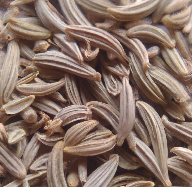 Cumin seeds captured in close-up view showing their detailed texture and form. This photo is perfect for culinary blogs, recipe websites, food packaging designs, or educational materials related to spices and their uses.