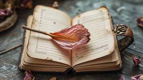 Vintage Leather Journal with Dried Rose Petal on Wooden Table
