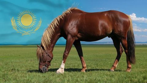 Chestnut horse grazing on kazakh steppe with flaxen mane and kazakhstan flag overlay