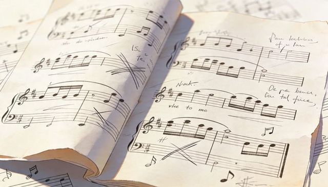 Aged sheet music featuring handwritten annotations, slurs, crossed-out bars on parchment