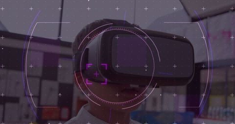 Boy in Classroom Exploring Virtual Reality Tech with Digital Overlay