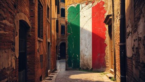 Vintage italian alley with italy flag-striped stucco wall