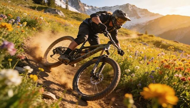 Mountain biker charging through sunlit wildflower meadow on full-suspension trail sunrise
