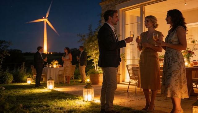 Elegant evening garden party with guests toasting on patio, lanterns glowing, wind turbine backdrop