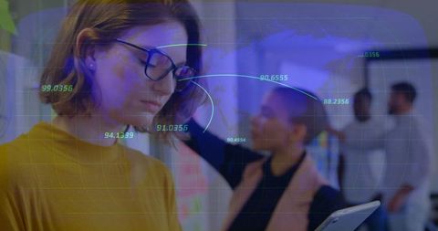 Businesswoman Exploring Data Interfaces with Digital Overlay