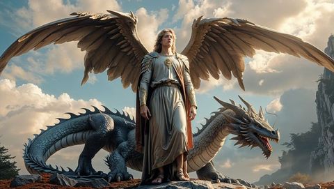 Winged Guardian with Fierce Dragon on Rocky Outcrop