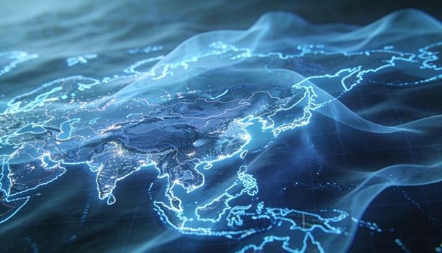 Glowing 3d digital map of asia illuminating city lights and network data mesh