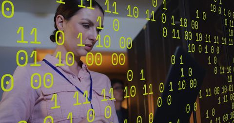 Businesswoman Analyzing Data with Binary Overlay in Server Room - Download Free Stock Images Pikwizard.com