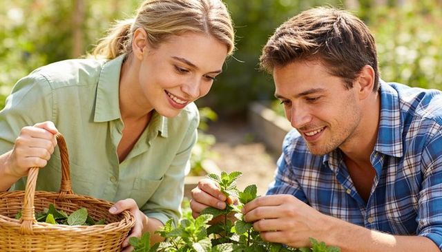 Couple harvesting fresh mint in backyard herb garden with wicker basket smiling together