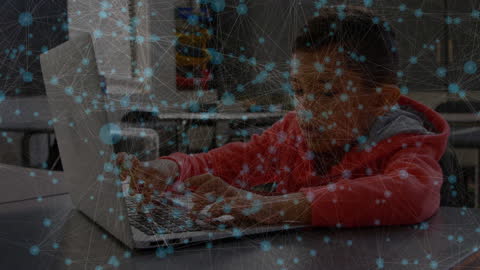Child Using Laptop Surrounded by Virtual Network Connections