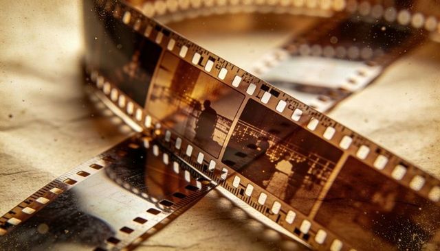 Vintage 35mm film negatives curled on textured table with sepia silhouettes and sprockets