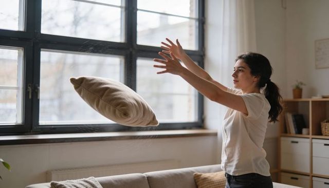 Woman tossing pillow in sunlit living room, cozy home lifestyle and casual comfort