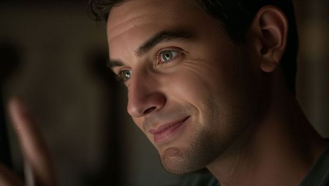 Intimate closeup of smiling man gazing at smartphone in warm low-light headshot