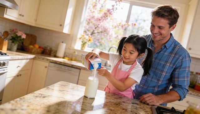 Father guiding daughter pouring milk on granite island in sunlit kitchen, family morning