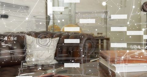 Blending chesterfield leather sofa with futuristic hud overlay in cozy workspace