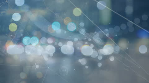 Blurred City Lights at Night with Digital Networking Overlay