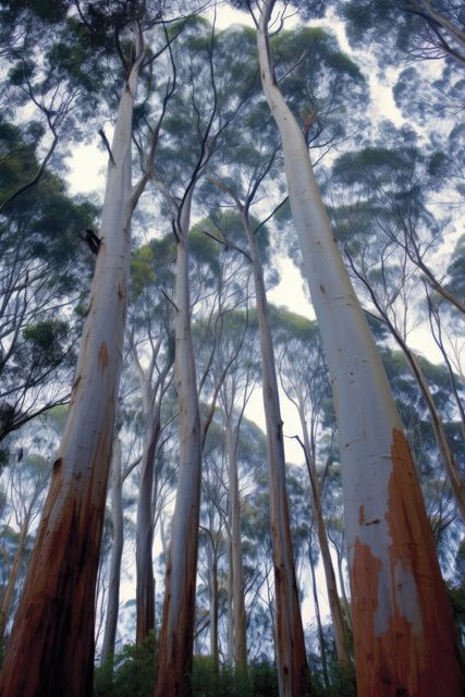 Tall eucalyptus trees reach towards the sky in a dense forest. Their towering trunks and lush canopy create a serene and majestic outdoor setting.