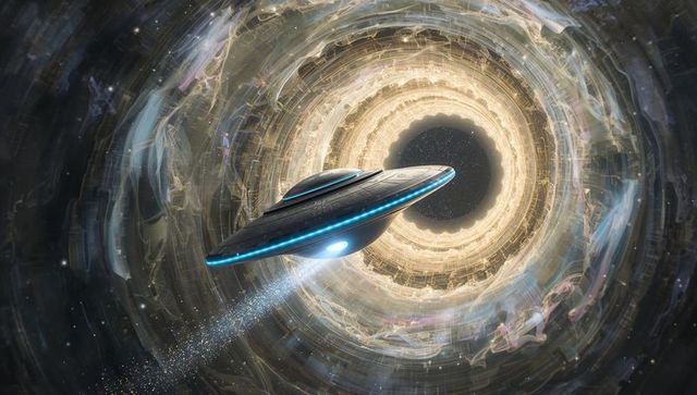 Futuristic spacecraft approaching mysterious wormhole in galactic journey