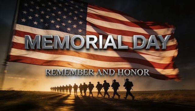 Memorial day tribute waving us flag with soldier silhouettes at sunset remembering fallen