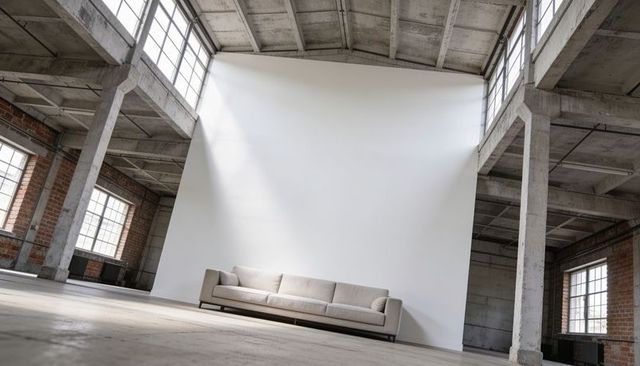 Minimal beige sofa against tall white wall in industrial loft with steel-framed windows