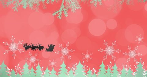 Santa Sleigh on Festive Red with Snowflakes and Evergreen - Download Free Stock Images Pikwizard.com