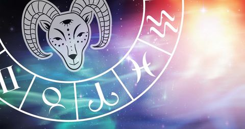 Zodiac Wheel with Prominent Aries Symbol and Starry Background