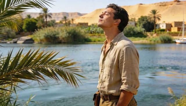 Traveler breathing deeply on riverside oasis with palm fronds, sailboat and desert dunes