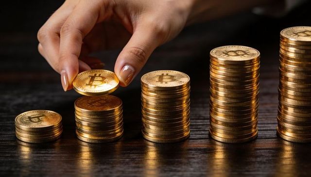 Stacking bitcoin coins with manicured hand showing cryptocurrency investment growth