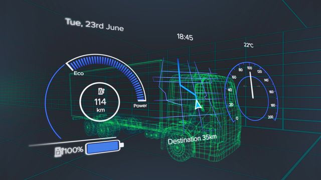 Futuristic electric truck dashboard displaying speedometer, power usage, battery level, and navigational data. Showcases eco power and sustainability. Suitable for use in materials on electric vehicles, sustainable transportation, renewable energy, green technology, and innovation in automotive industry.