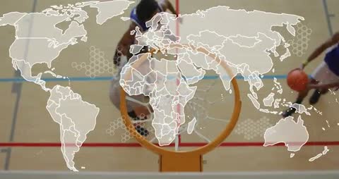 Basketball Player Taking Shot With Map Overlay Highlighting Global Data
