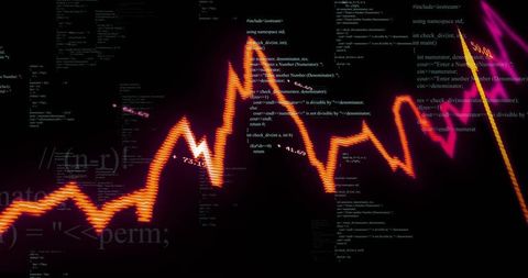 Pulsing Orange Waveform Intersecting C++ Code and Math with Neon Magenta Glow