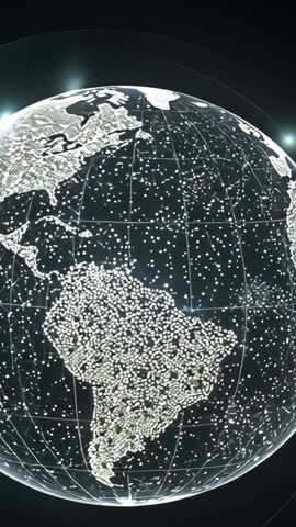 Vertical video rotating 3D globe visualizing global data points with glowing gridlines
